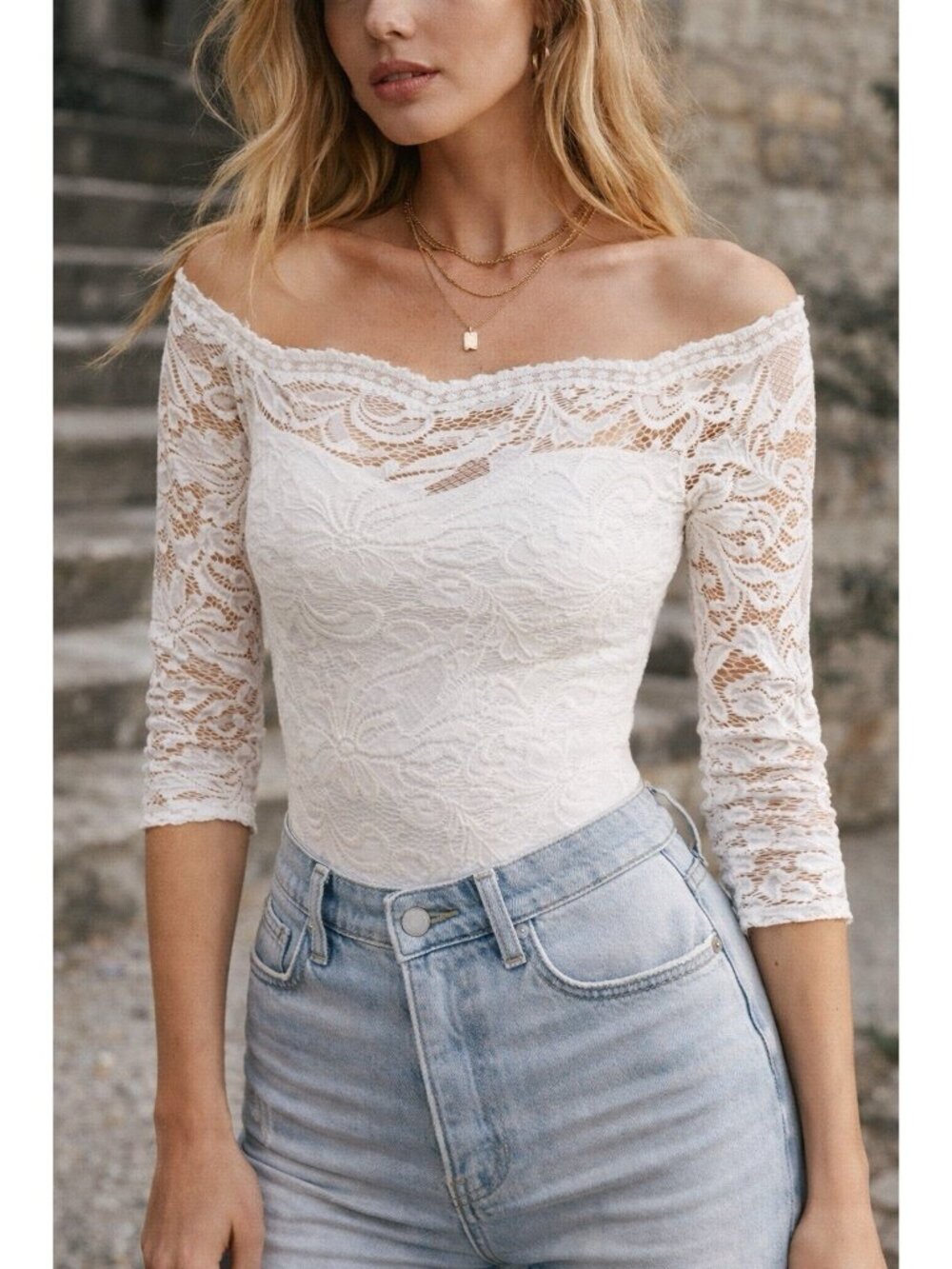 Karen Millen Ivory Off-Shoulder Lace Bodysuit